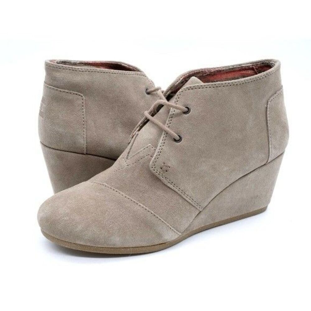 Toms Boots Wedge Ankle Booties Womens Size 8.5 Desert Taupe Brown Suede Lace Up